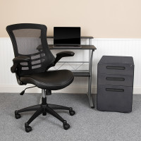 Flash Furniture BLN-CLIFAPX5L-BK-GG Work From Home Kit - Black Computer Desk, Ergonomic Mesh/LeatherSoft Office Chair and Locking Mobile Filing Cabinet